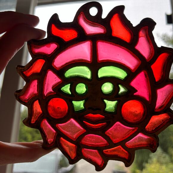 Vintage Sun Face Trivet Suncatcher Enamel Metal Boho Retro Kitchenware - Picture 4 of 7